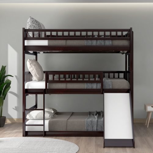 Full over Full over Full Triple Bunk Beds With Built-in Ladder And Slide