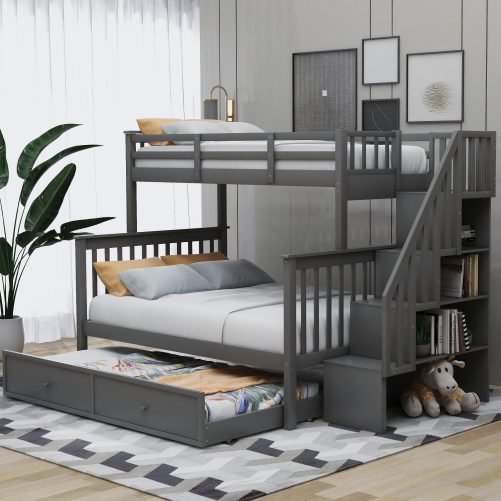 Stairway Twin over Full Bunk Beds With Twin Size Trundle, Storage And Guard Rail