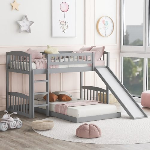Twin Over Twin Bunk Bed With Slide And Ladder, Floor