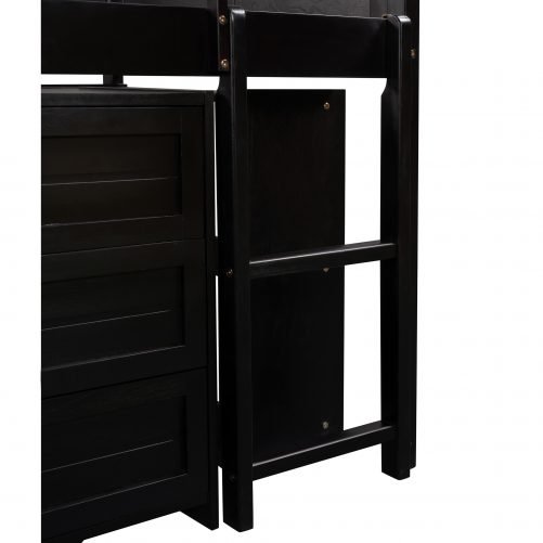 Twin Size Low Loft Bed With Cabinets, Shelves And Slide
