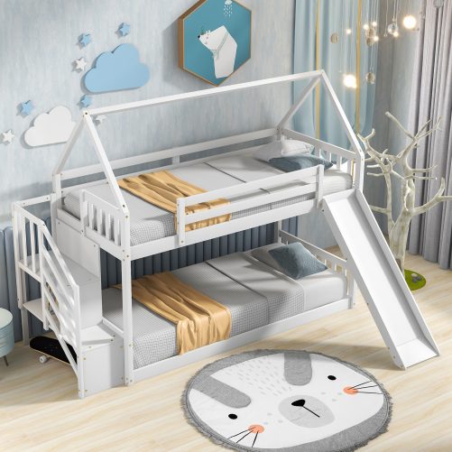 Twin over Twin House Bunk Bed with Slide and Storage Staircase