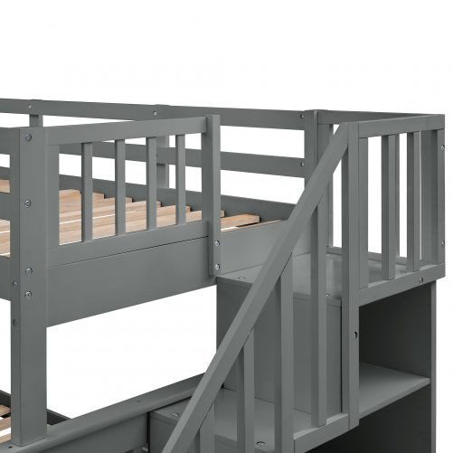 Stairway Twin over Full Bunk Beds With Twin Size Trundle, Storage And Guard Rail