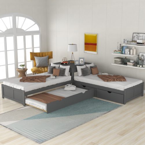 L-Shaped Platform Bed With Trundle And Drawers Linked With Built-in Desk, Twin