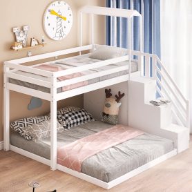 Twin Over Full House Roof Bunk Bed With Staircase And Shelves