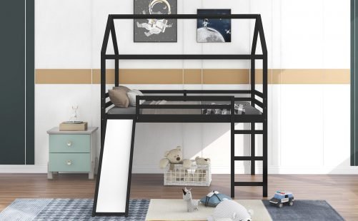 House-Shaped Full Size Loft Bed With Slide