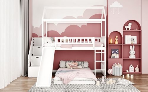 House Shape Twin Over Twin Bunk Bed With Staircase And Slide