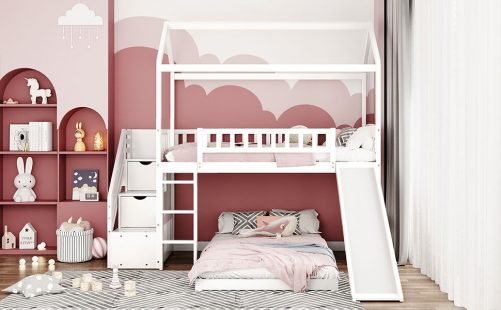 House Shape Twin Over Twin Bunk Bed With Staircase And Slide