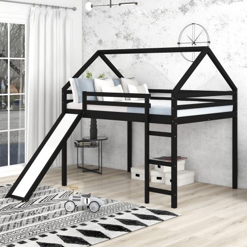 Full Size Loft Bed With Slide, House Shape