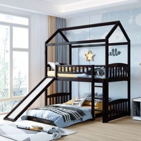 House Shape, Low Twin Over Twin Bunk Bed With Slide