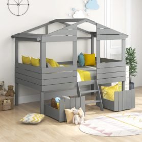 Twin Size Loft Bed With Two Drawers, Windows And Roof Design