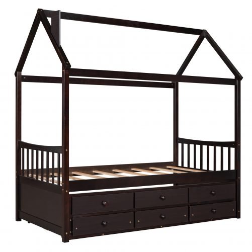 Twin Size Wooden House Bed With Trundle And 3 Storage Drawers