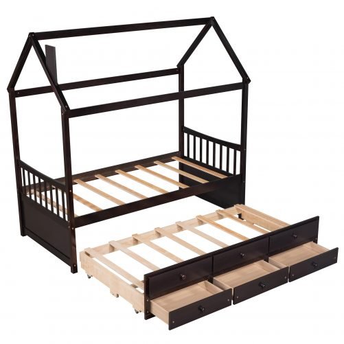 Twin Size Wooden House Bed With Trundle And 3 Storage Drawers