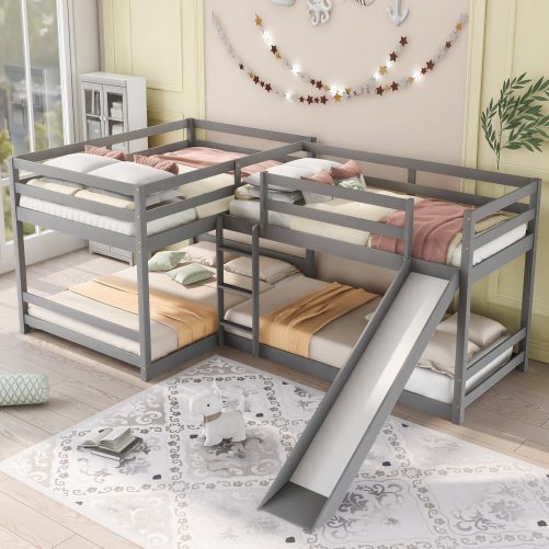Full And Twin Size L-Shaped Bunk Bed With Slide And Short Ladder