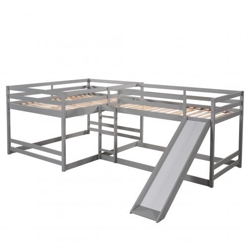 Full And Twin Size L-Shaped Bunk Bed With Slide And Short Ladder
