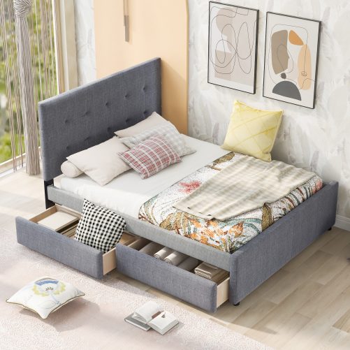 Queen Size Linen Upholstered Platform Bed With Headboard and Two Drawers
