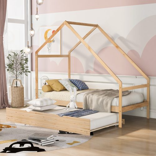 Wooden Twin Size House Bed With Twin Size Trundle