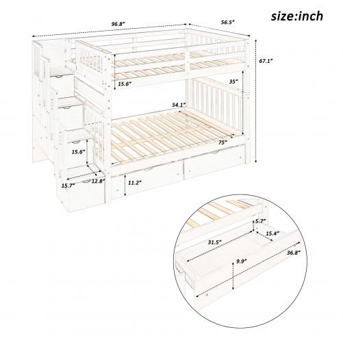 Full Over Full Bunk Beds With Shelves And 6 Storage Drawers