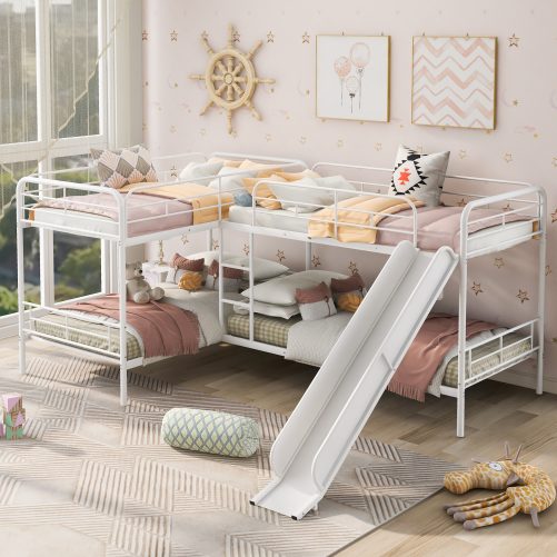 Twin Size L-Shaped Bunk Bed With Slide And Ladder