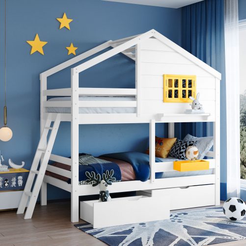 Twin over Twin Bunk Bed with 3 Drawers, 1 Shelf, Window and Roof