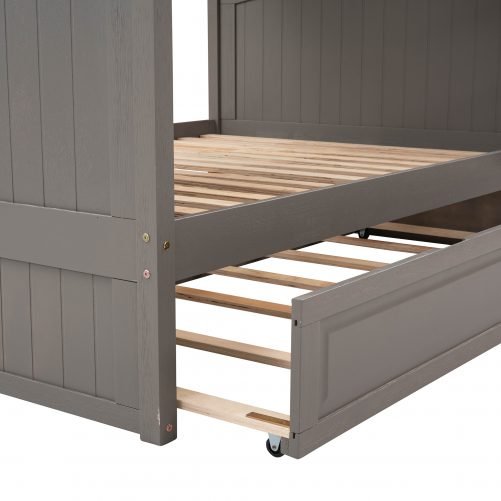 Full Over Full Bunk Bed With Twin Size Trundle, Pine Wood
