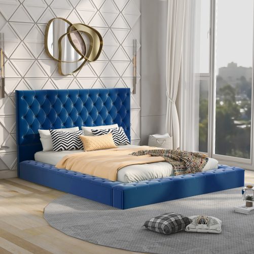 Queen Size Upholstery Platform Bed with Storage Space on both Sides and Footboard