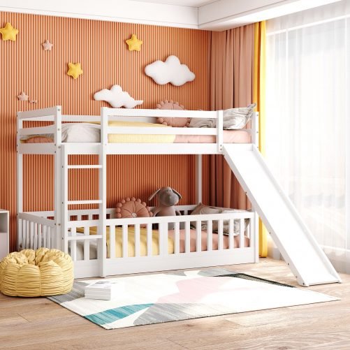 Twin Over Twin Low Bunk Bed With Slide and Ladder