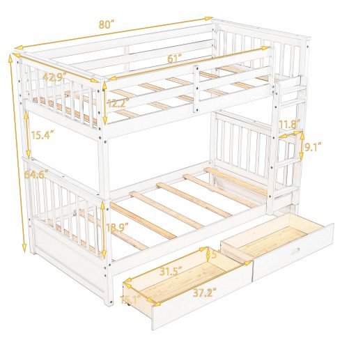 Twin Over Twin Bunk Bed with Ladders and Two Storage Drawers