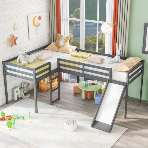 L-Shaped Twin Size Loft Bed with Ladder and Slide