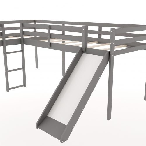 L-Shaped Twin Size Loft Bed with Ladder and Slide