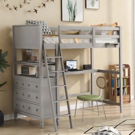 Twin Size Loft Bed with Drawers, Desk, and Shelves
