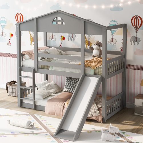 Twin over Twin House Bunk Bed with Convertible Slide and Ladder