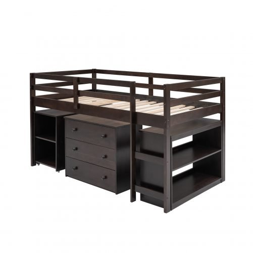 Study Low Twin Loft Bed With Cabinet And Rolling Portable Desk