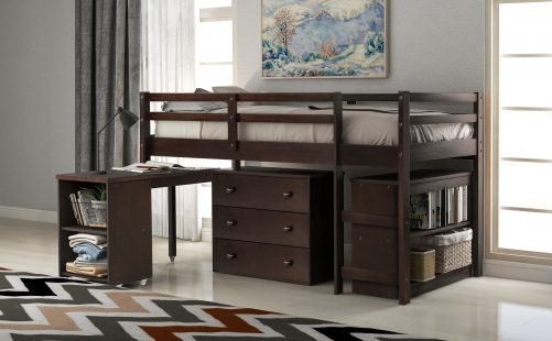 Study Low Twin Loft Bed With Cabinet And Rolling Portable Desk