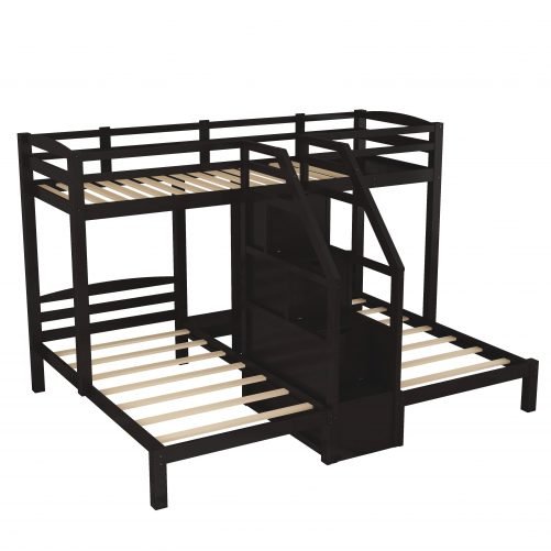 Twin over Twin & Twin Bunk Bed with Built-in Staircase and Little Drawer