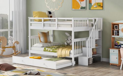 Stairway Full over Full Bunk Bed With Twin Trundle, Storage And Guard Rail