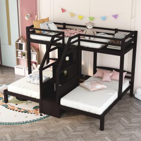 Twin over Twin & Twin Bunk Bed with Built-in Staircase and Little Drawer
