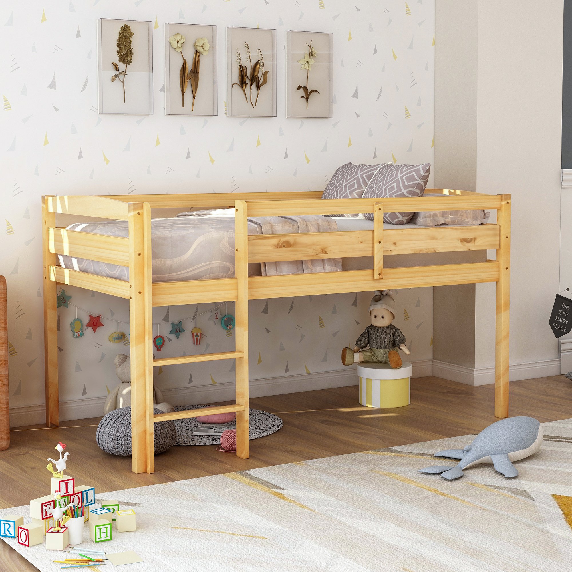 Twin Wood Low Loft Bed With Ladder