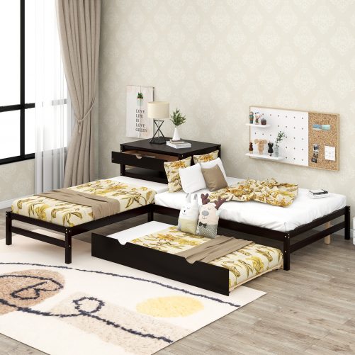L-Shaped Full Size and Twin Size Platform Beds with Twin Size Trundle and Drawer Linked with Built-in Rectangle Table