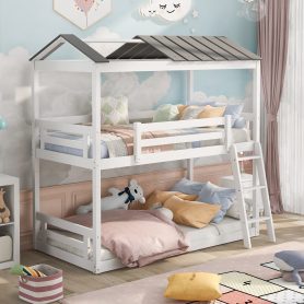 Twin over Twin House Roof Bunk Bed with Convertible Ladder