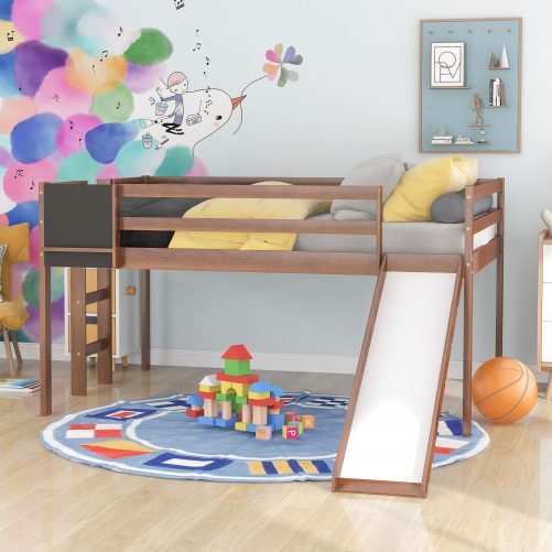 Full Size Loft Bed With Slide, Stair And Chalkboard