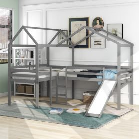 Twin Size Wood Loft Bed With Roof, Slide, Guardrail, House Shape