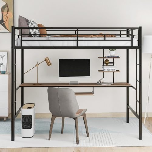 Twin Size Loft Bed With Desk And Shelf , Space Saving Design