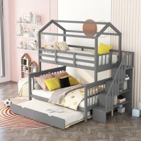 Twin Over Full House Bunk Bed with Trundle and Staircase, Can Be Separated into Three Separate Platform Beds