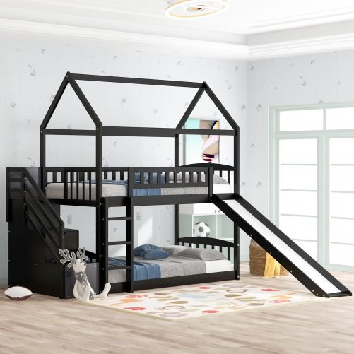 House Shape Twin Over Twin Bunk Bed With Drawers And Slide