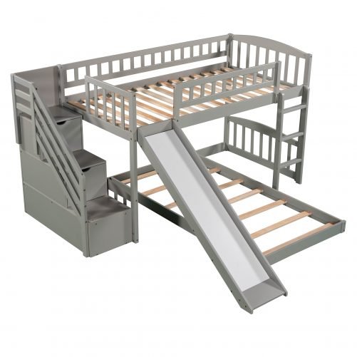 Twin Over Twin Bunk Bed With Two Drawers, Slide and Staircase