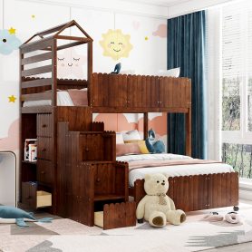 Stairway Twin Over Full Bunk Bed with Two Shelves and Seven Drawers