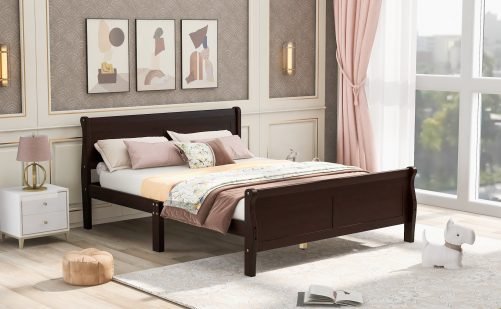 Full Size Wood Platform Bed With Headboard And Wooden Slat Support