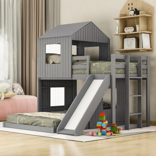 Wooden Twin Over Full Bunk Bed With Playhouse, Ladder, Slide And Guardrails