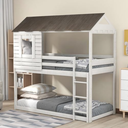 House Shape Twin Over Twin Bunk Bed With Roof, Window, Guardrail and Ladder