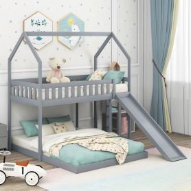 Twin over Full House Bunk Bed with Slide and Built-in Ladder,Full-Length Guardrail